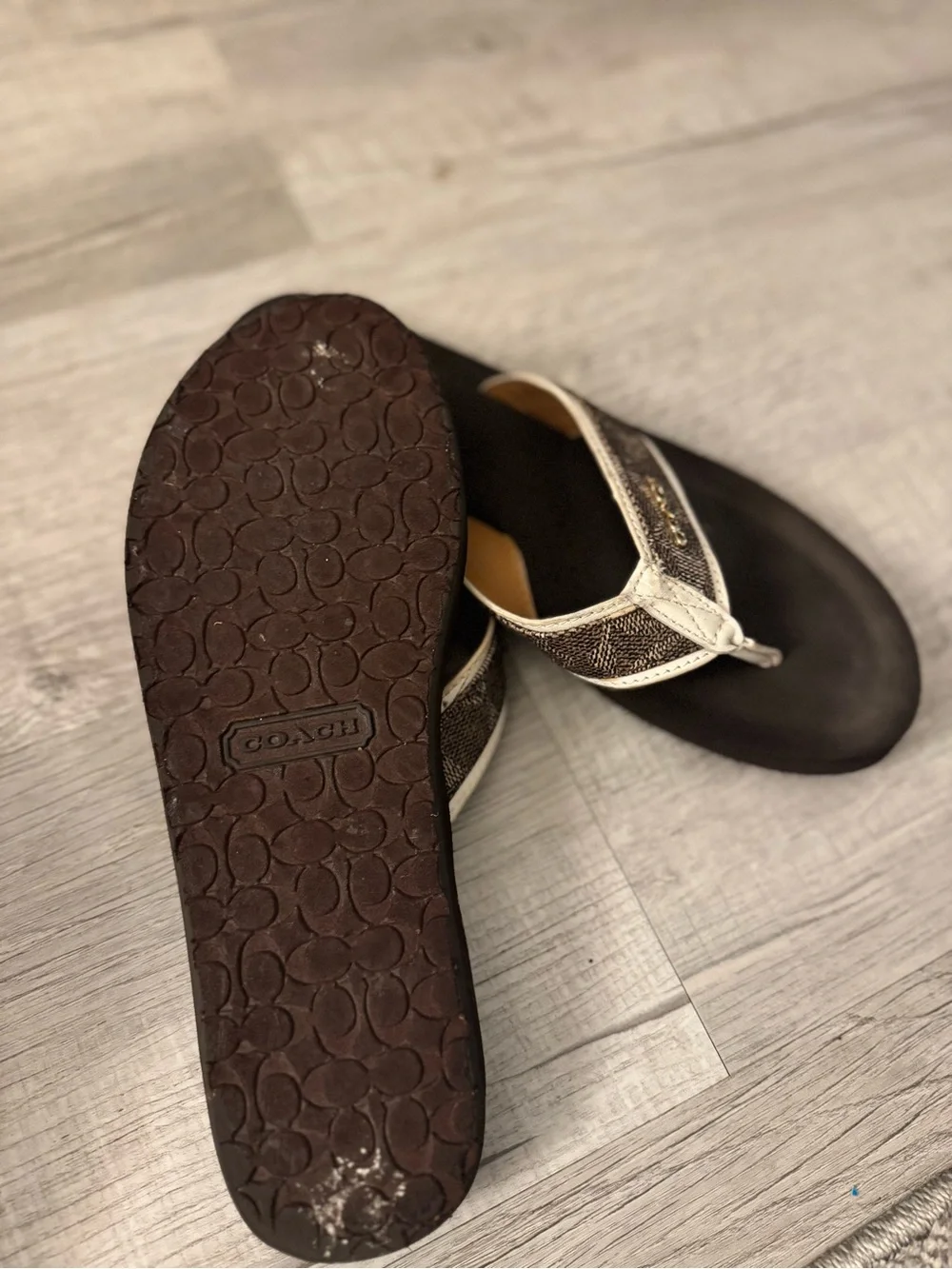 Vintage Coach Metallic gold and brown Thong Sandals with White Trim